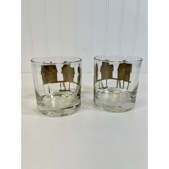 1960's Art Deco 22K Gold Fish Wharf Whiskey Glass San Fran Barware Arcoroc Set-2 - Picture 5 of 11